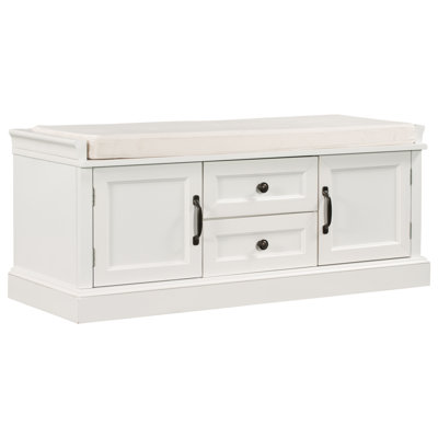 TREXM Storage Bench with 2 Drawers and 2 Cabinets, Shoe Bench with Removable Cushion for Living Room, Entryway