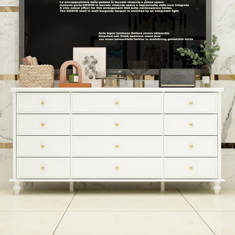 Meuble télé Eltion de 63 po de largeur avec 12 tiroirs pour téléviseur de 65 po ou moins, Blanc