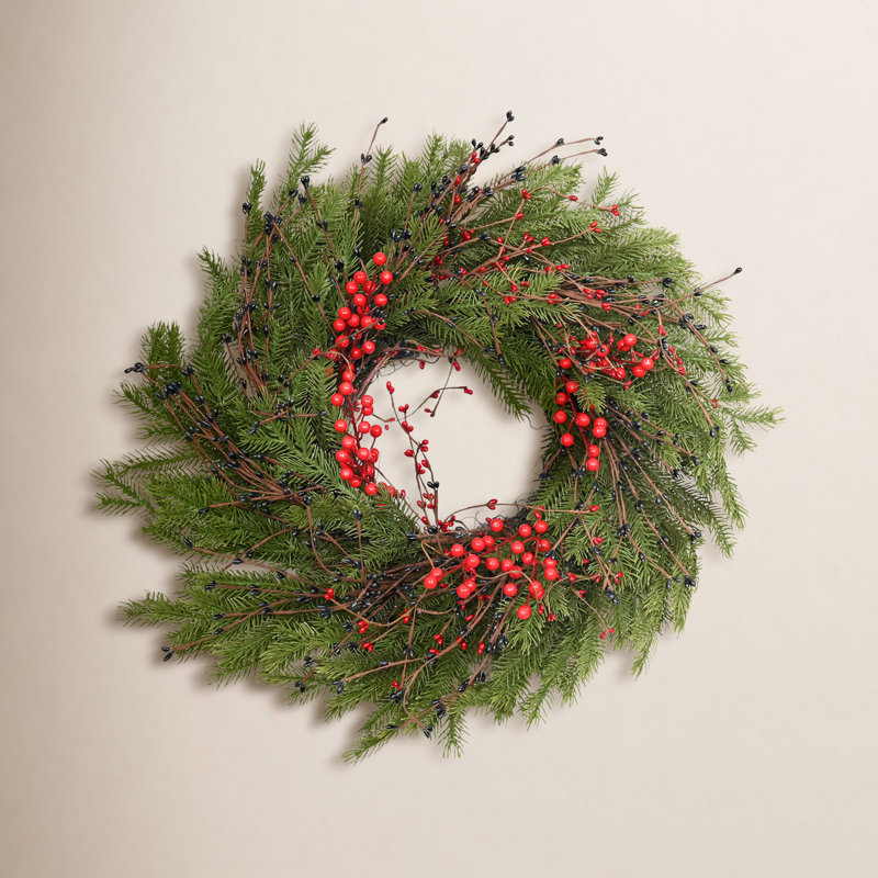 Couronne de sapin de Noël 24 po, Vert / Rouge / Noir
