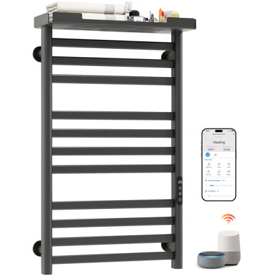 Porte-serviettes chauffant ENZE Smart, chauffe-serviettes électrique mural 11 barres de 290 W avec tablette, commande Wi-Fi et écran tactile à DEL, température réglable et minuterie 24 heures, IPX5, à brancher / câblé, gris