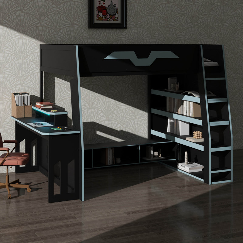 Lit mezzanine en bois pleine grandeur, livré avec un bureau, plusieurs tablettes de rangement, une lumière RVB réglable et une table