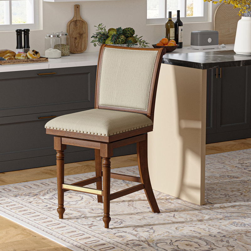 Tabouret tournant Blerona Farmhouse, Structure beige lin / noyer