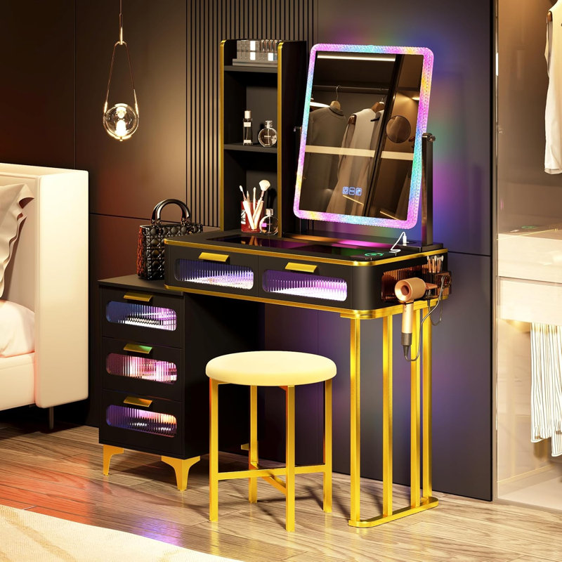Dressing Table with Human Sensor RGB Lights, Tempered Glass Top, and Quick-Charging Station, Black/Gold