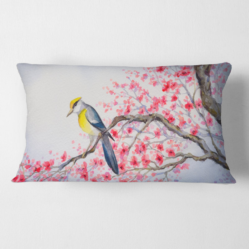 Housse et insert de coussin rectangulaire bel oiseau sur une branche en fleurs II
