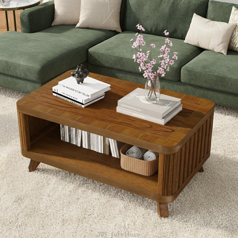 41.5" Rectangular Wood Coffee Table with Solid Wood Legs and Open Shelf, Walnut, Walnut, 41.5Inch