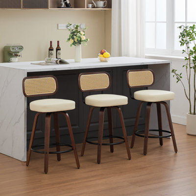 (Set Of 3)26" W Swivel Sturdy Wood Frame With Thick Upholstered And Pu Leather Bar Stools, With Rattan Lowback And Footstool Barstools