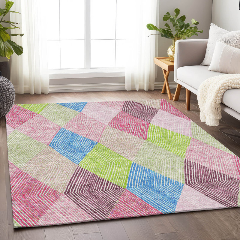 Tapis rose Prisco lavable à la machine de qualité supérieure, Rectangle 10 pi x 14 pi