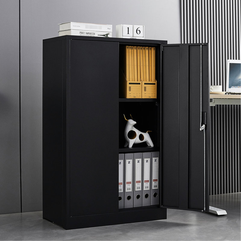 Black Storage Cabinet With Adjustable Height Dividers, Handle Locks, And Spring Loaded Door , Ideal For Home Office Metal Exquisite Black, Garage