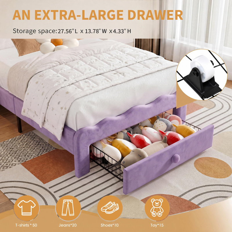 Structure de lit simple avec lumières DEL et tiroir de rangement, mauve | Tête de lit ondulée réglable, lit plateforme tapissier en velours pour enfants, support de lattes en bois massif, aucun sommier tapissier requis