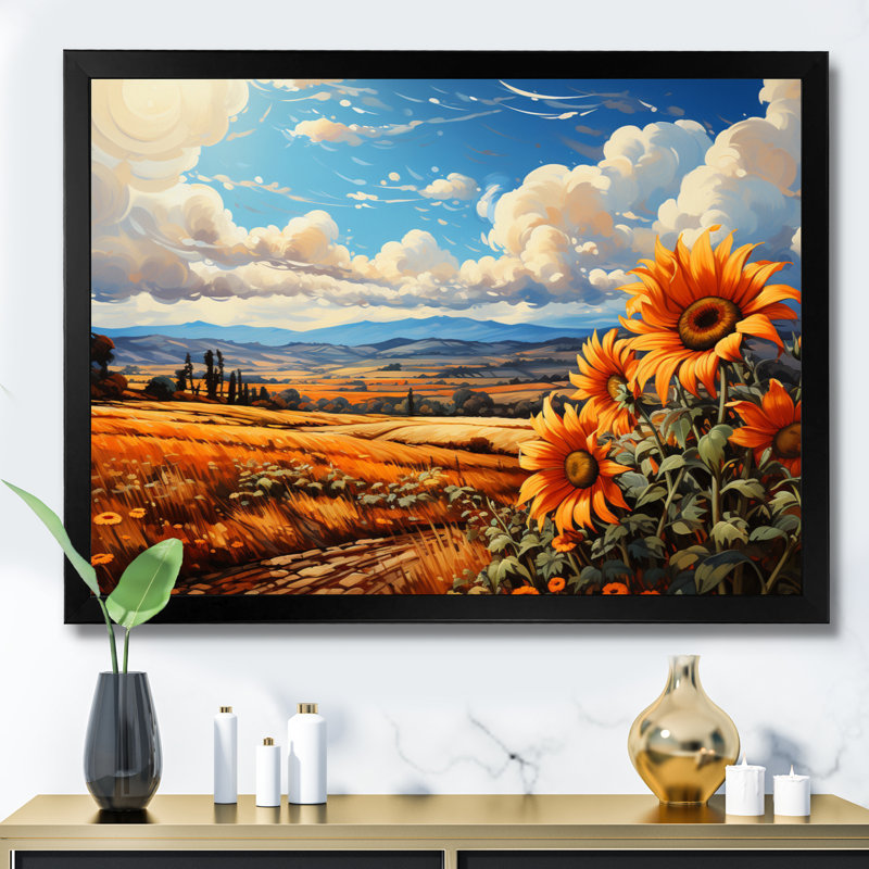 Champ de tournesols français Bilow, charme de campagne III - impression, H 34 po x l 44 po x P 1,5 po, Cadre simple noir