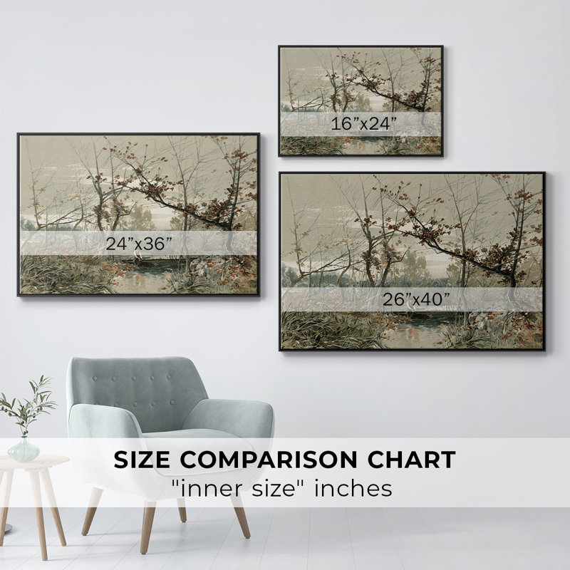 Paysage rétro - CDxxix, Toile avec cadre flottant noir, H 27 po x l 41 po x P 2 po