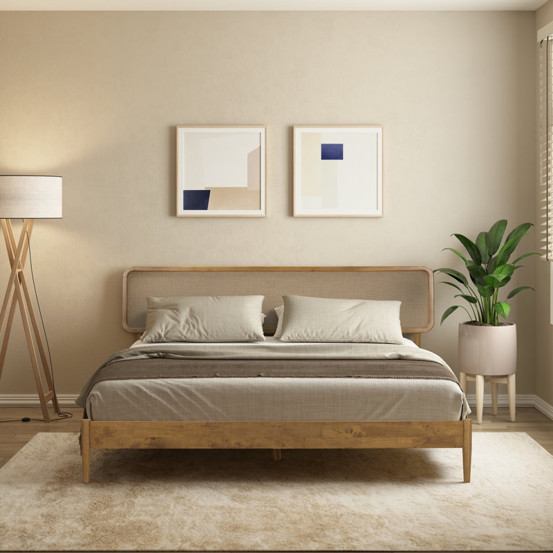 Lit plateforme en bois massif NTC Lupin avec tête de lit et lattes silencieuses, style Mid-Century moderne, capacité de poids de 1000 lb, assemblage sans effort, aspect très grand teck