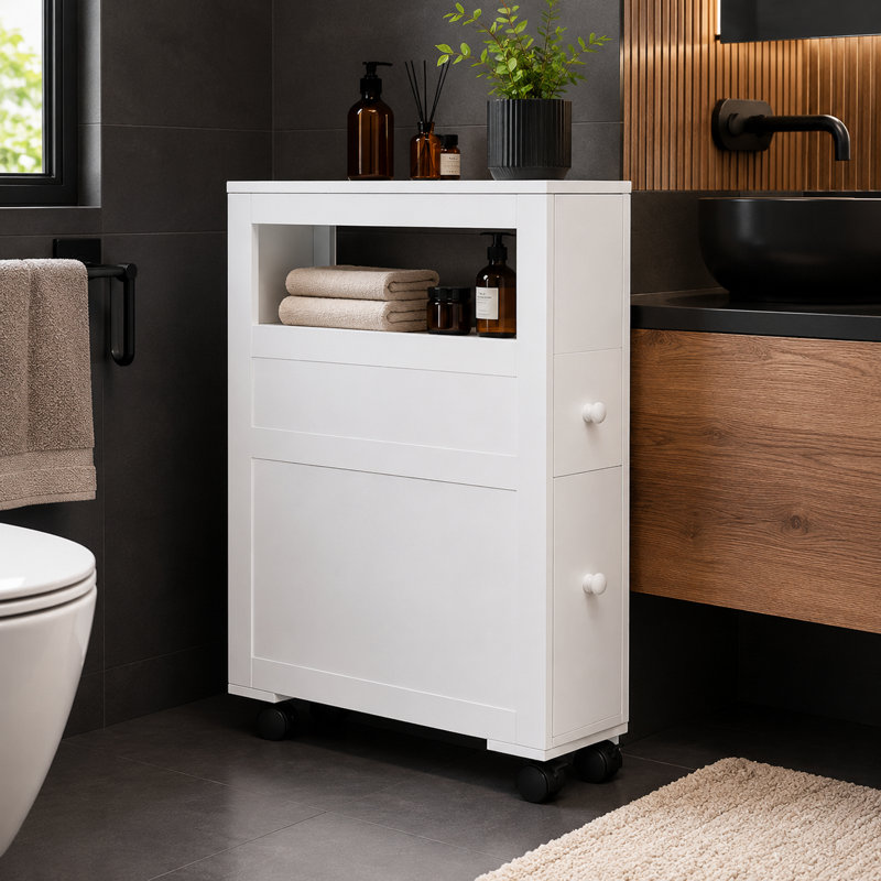 Armoire de rangement contemporaine à roulettes en bois mince avec tiroirs à roulettes et tablette latérale pour petits espaces de salle de bain