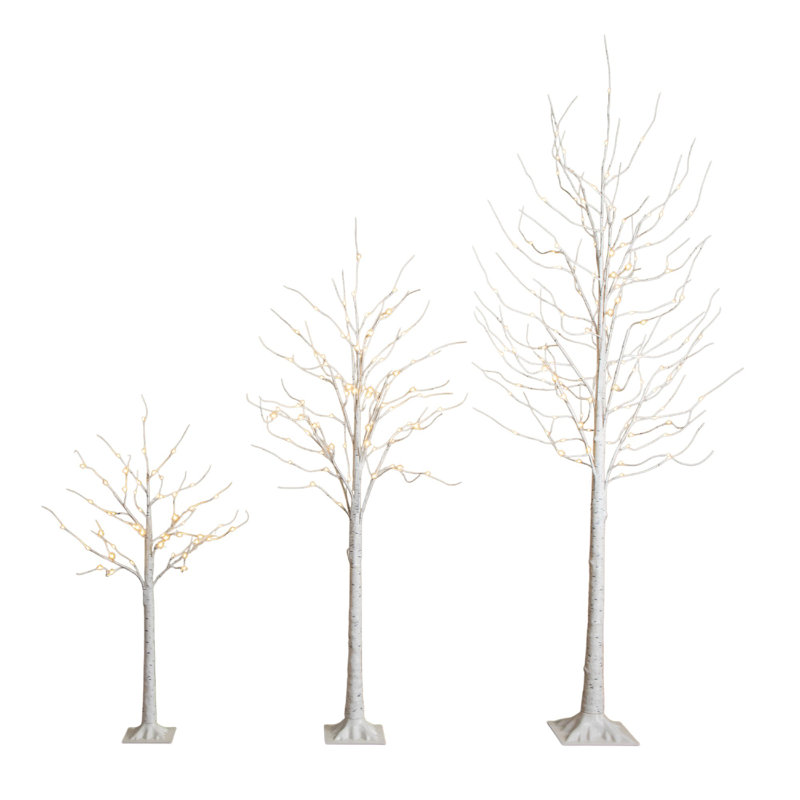 4Ft. 6Ft. 8Ft. Pre-Lit Artificial White Birch Trees With LED Lights - Set Of 3