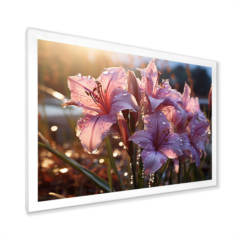 Iris rose champ I - décoration murale florale, Cadre simple blanc, H 30 po x l 40 po x P 1,5 po