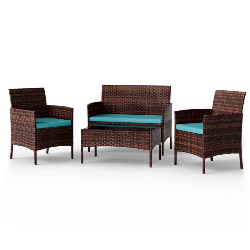 Ensemble de conversation d'extérieur pour 4 personnes avec coussins Angeli, Structure brune / coussin bleu