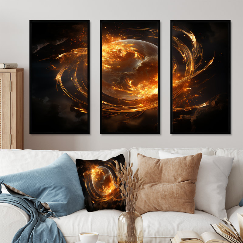 Verre de feu saturn planète I - art mural espace planète, H 28 po x l 36 po, Cadre flottant noir