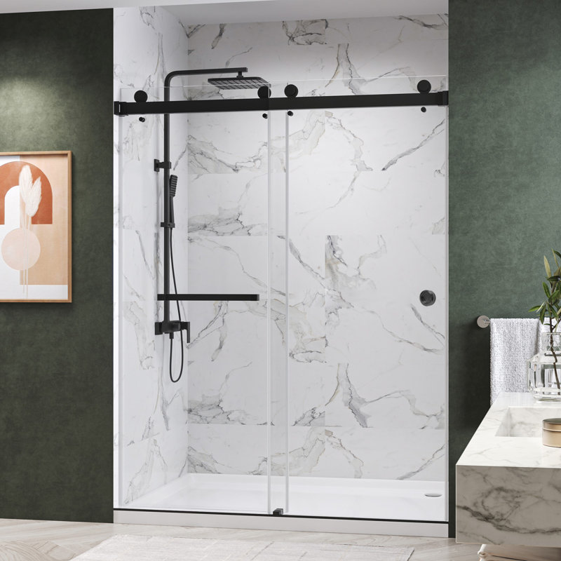 CatalystFP 56"-60"W x 76"H Double Sliding Frameless Shower Door in Matte Black with 3/8" Clear Glass, Matte Black