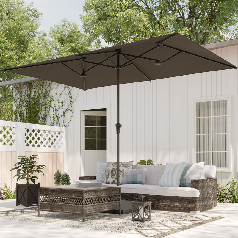 Parasols de table de patio à double face avec auvent résistant aux rayons UV et manivelle, Taupe