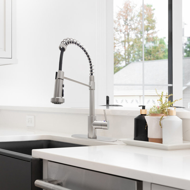 JS Pull Out Kitchen Faucet with Deck Plate 2 Spray Modes, Chrome