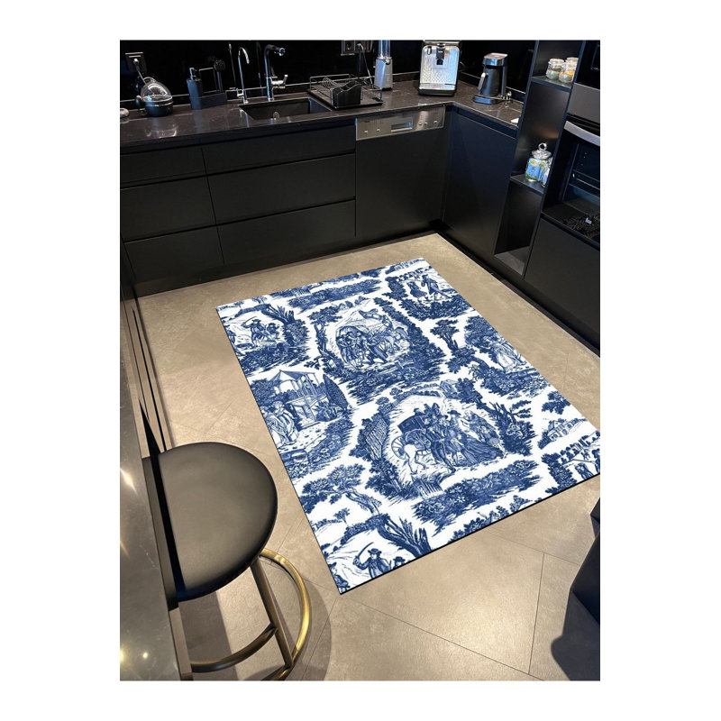 Tapis blanc tissé à motif rétro blanc marine, Tapis de couloir 4 pi 11 po x 9 pi 10 po