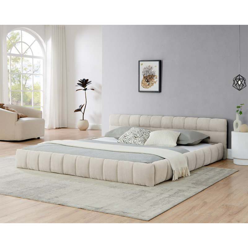 Structure de lit rembourrée avec tissu épais, Beige, Très grand lit