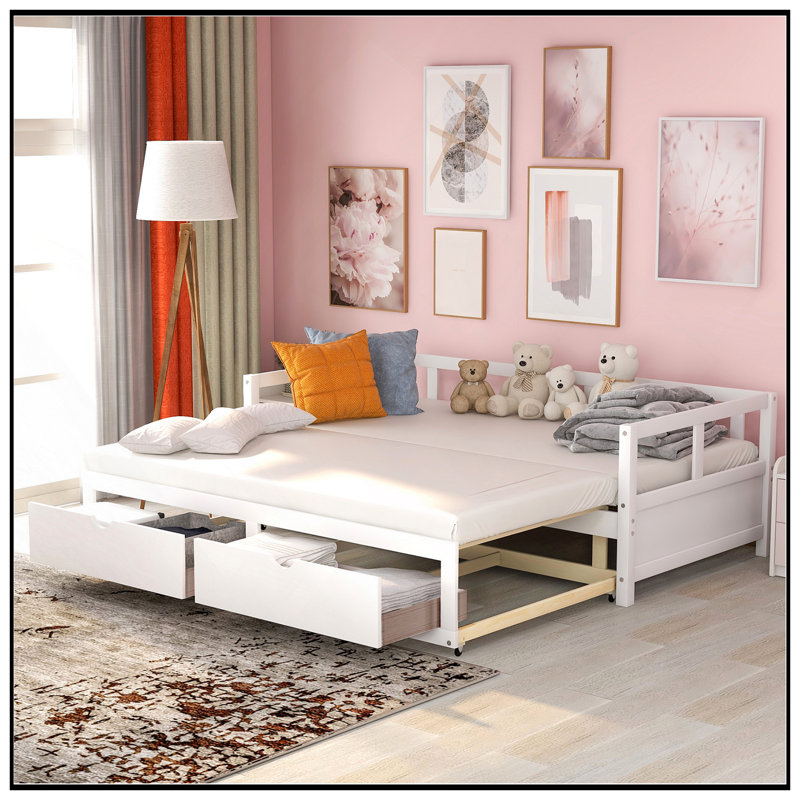 Lit de jour en bois robuste avec lit gigogne et rangement, extensible pour une utilisation polyvalente, Blanc