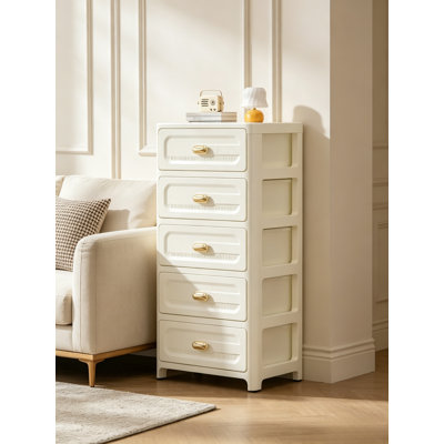 Freestanding 5‑Tier Plastic Drawer Storage Tower, Beige Narrow Vertical Cabinet with Gold Handles and Rolling Casters for Bedroom Bathroom Home Storage