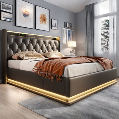 Upholstered Bed With Led, Hydraulic Storage Bed With Usb Type-C Charging