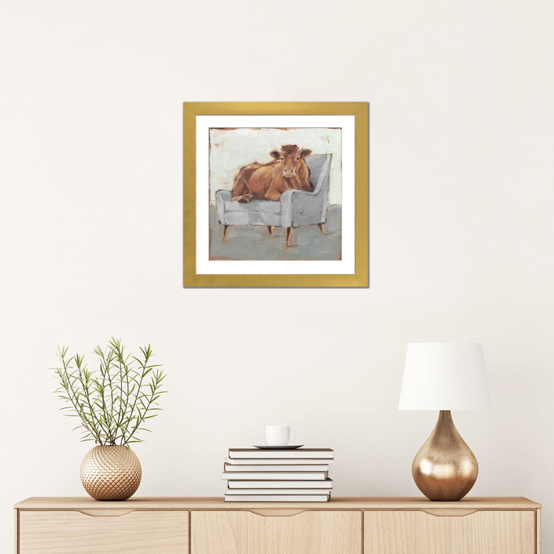Moo-ving In IV - Brun et gris, H 16 po x l 16 po, Cadre doré à coins ouverts