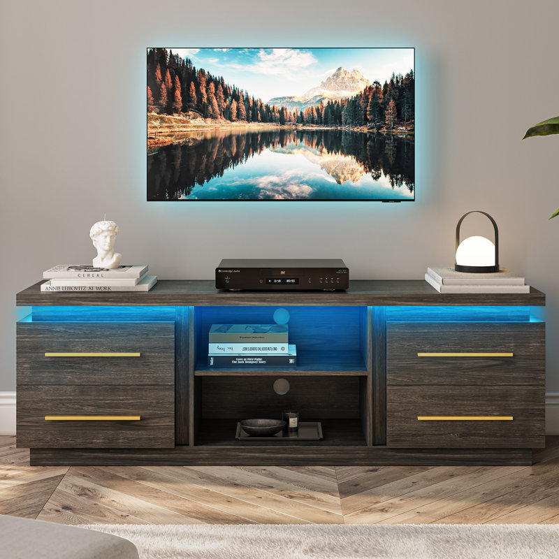 66" TV Stand for TVs Up to 75", Entertainment Center with Music Sync LED Lights, Media Console Table Storage Cabinet, Brown