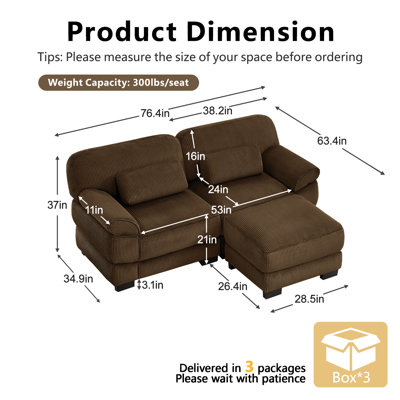 Canapé d'angle modulaire Cloud Couch 194 cm (76,4 pouces), canapé deux places avec pouf, coussins d'assise épais et confortables, tissu velours côtelé respirant, brun, idéal pour salon, chambre ou appartement.