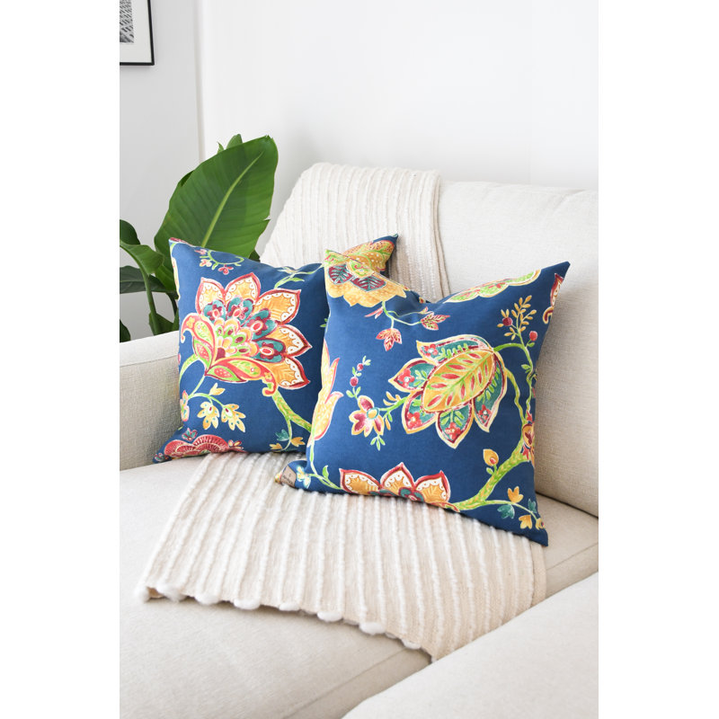 Ensemble de housses de coussin d'extérieur bleu marine à motif floral, en polyester résistant à l'eau, Carré 18 po
