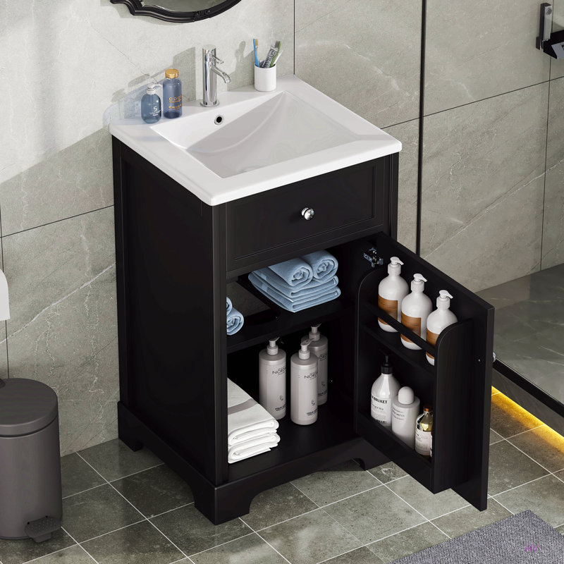 Meuble-lavabo de 20 po avec lavabo, armoire de salle de bain avec porte à fermeture douce, support de rangement et tablette réglable