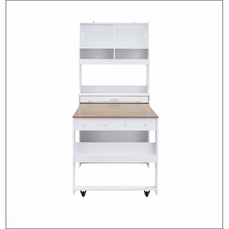 Buffet compact de 33,5 x 15,7 x 69 pouces avec huche et table de salle à manger pliable, armoire multifonctionnelle avec tablette de rangement et crochets latéraux pour petits espaces