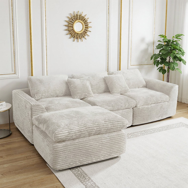 Canapé modulaire en L avec méridienne et mousse à mémoire de forme Corduroy, Blanc cassé