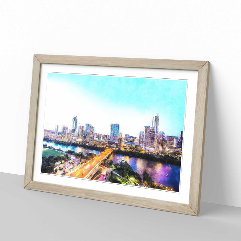Austin Texas Skyline - Single Picture Frame Painting on MDF, 24cm H x 33cm W x 2cm D, Oak