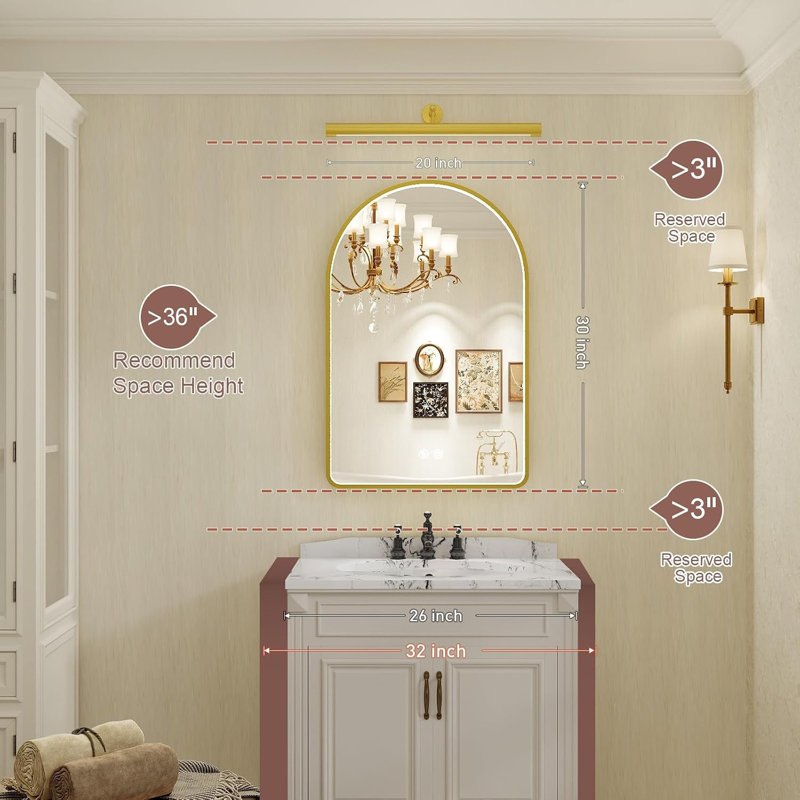 Miroir arqué 20 x 30 pouces à DEL pour salle de bain, 3 couleurs