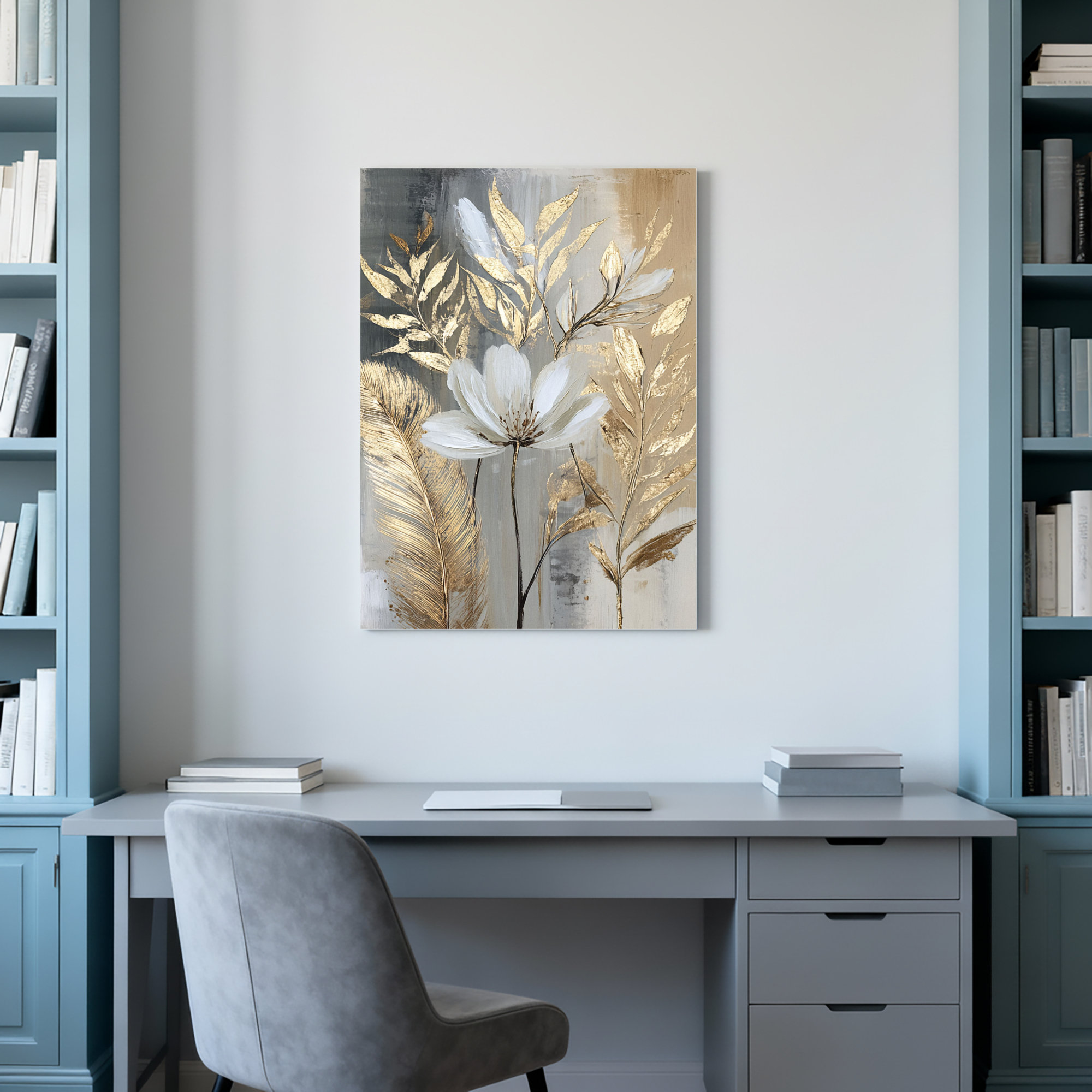 Mercer41 White Flower And Gold Leaves Abstract Art Canvas Wrapped Wall ...