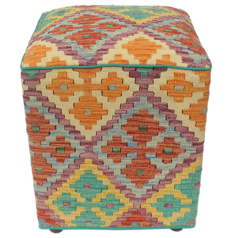 Aprea Upholstered Ottoman, Blue/Rust/Purple/Gold Wool