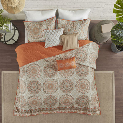 6 pièces courtepointe très grand / très grand - orange, imprimé floral avec de grands médaillons, coussins brodés, 2 taies décoratives de couleur orange, 1 coussin décoratif