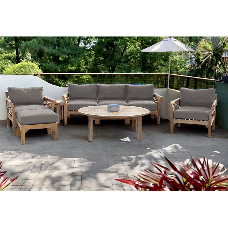 Monterey Teak Outdoor Seating Group with Cushions, Taupe, 6 Pcs:  Sofa,2Chair,Cushion,Table,Ottoman