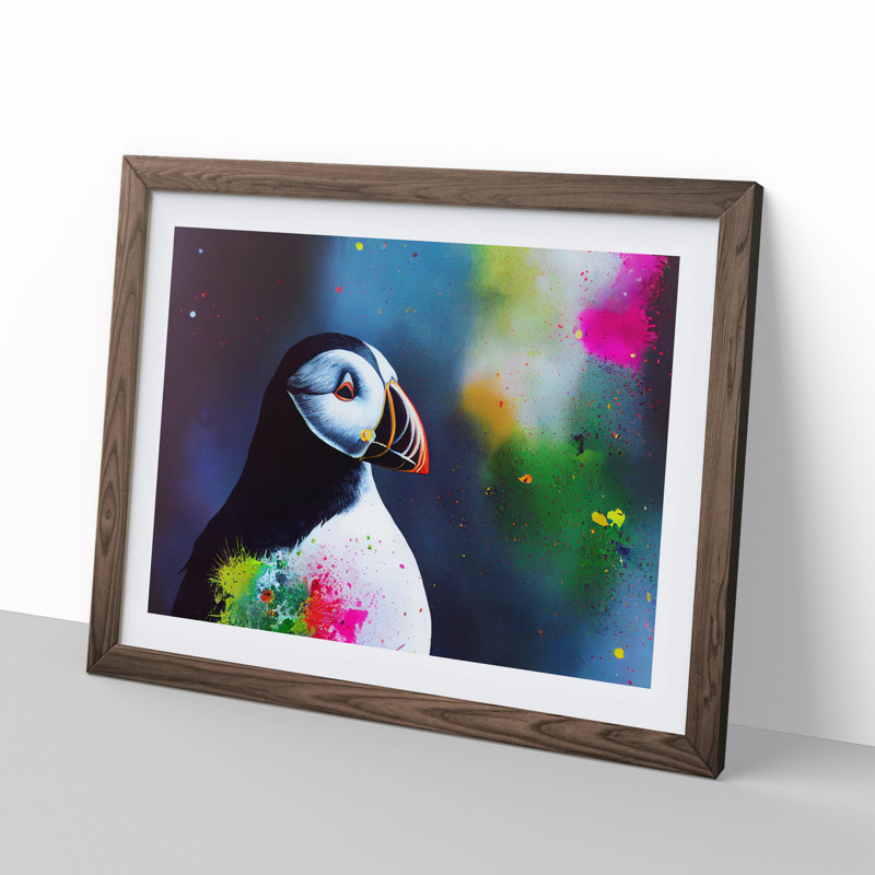 XH1022-2202X Colourful Puffin Bird - Single Picture Frame Painting, 25cm H x 34cm W x 2cm D, Walnut Framed
