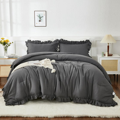 Dark Gray Twin Size Comforter, 2 Pieces Kids All Season Ruffle Bed Comforter Set, Boho Lightweight Solid Farmhouse Shabby Chic Bedding Comforters & Sets (66X90inch Comforter)