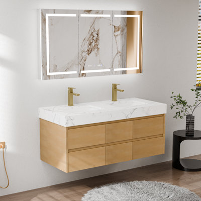 48" FLOATING DOUBLE BATHROOM VANITY WITH STONE TOP, LED LIGHT & 6 SOFT-CLOSE DRAWERS, MAPLE FINISH