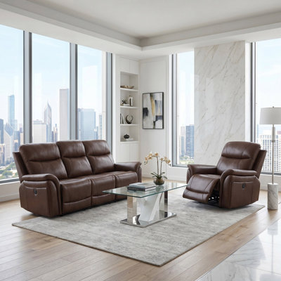 Chester Reddish  Brown Vegan Leather 2-Pieces  Reclining  Sectioanal Living Room Sofa And Chair With Cup-Holders ,Wireless Charging And LED Lights