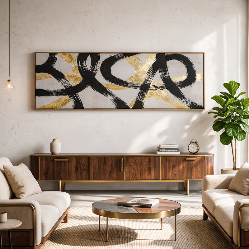 Art mural abstrait noir et or, grande peinture sur toile moderne encadrée pour le salon
