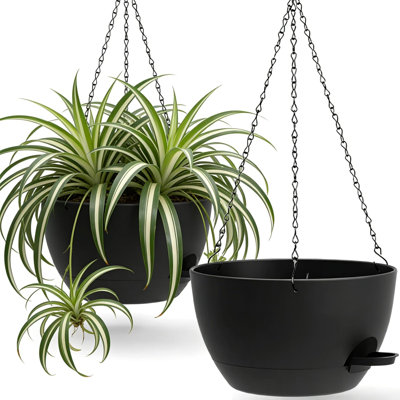 2 Pack 13 Inch Large Self Watering Hanging Planters - Black Plastic Hanging Baskets with 50oz Removable Reservoir for Indoor Outdoor, Window, Balcony & Garden