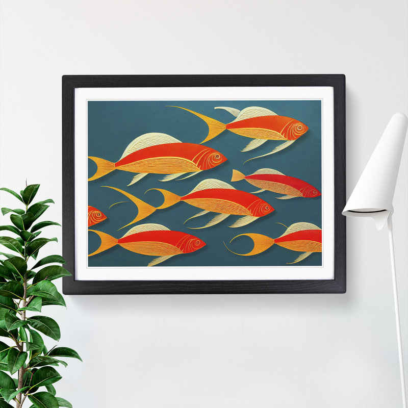 Art Deco Fish - Single Picture Frame Print, Black, 25cm H x 34cm W 