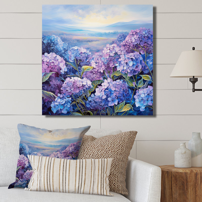 Fleurs d'hortensia mauve sur toile, Toile tendue, H 24 po x l 24 po x P 1 po